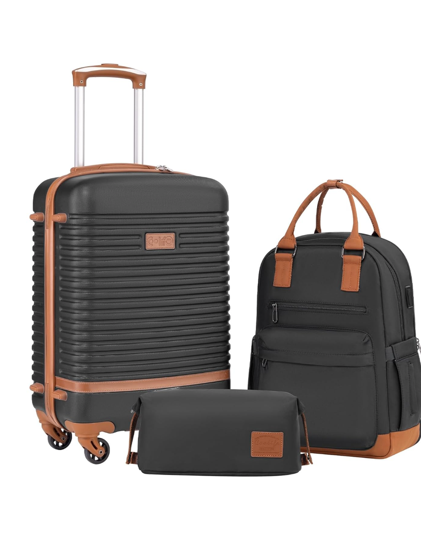 Coolife Suitcase Set 3 Piece Luggage Set Carry On Travel Luggage TSA Lock Spinner Wheels Hardshell Lightweight Luggage Set (Black, 3 Piece Set (BP/TB/20))