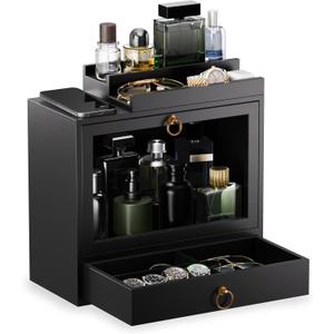 Cologne Organizer for Men  Wooden Perfume Organizer with Magnetic Removable Top Stand, Large Drawer, Velvet-Lined Display Case - Black Cologne Holder for Vanity, Dresser Storage - Gift for Men