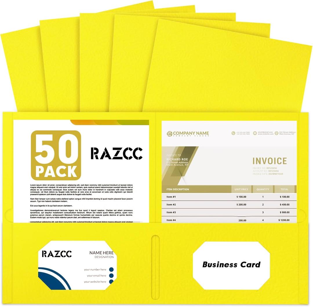 Two Pocket Folders, RAZCC 50 Pack 2 Pocket Folders Fit Letter Size Paper, Paper Folders with Pockets for School Office Business Home (Yellow)