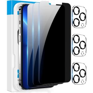 Fotbor [3+3 Pack] iPhone 13 Pro Max Privacy Screen Protector with Camera Lens Protector, Anti Spy Private Full Coverage Bubble Free 9H Hardness Tempered Glass Film 6.7 Inch with Easy Installation Kit