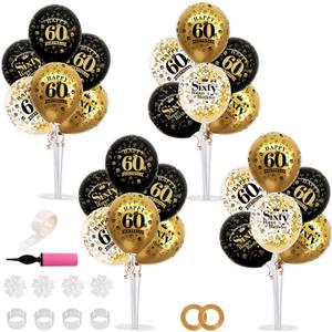TONIFUL 4 Set Black Gold Balloon Stand Kit for Birthday Decorations for 60th,Balloon Centerpieces for Table Party Decorations Cheers to 60 Years Old Birthday for Men and Women