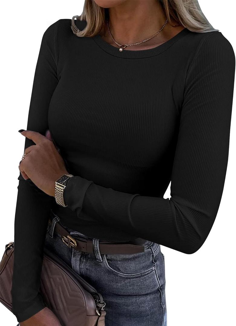 Roselux Womens Long Sleeve Stretch Crewneck Ribbed T-Shirt Fitted Casual Basic Tops (Medium, Black)