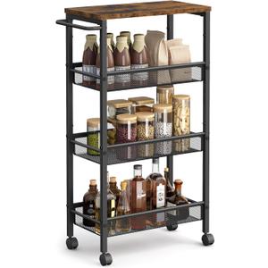 VASAGLE Slim Rolling Cart, 4-Tier Storage Cart, Narrow Cart with Handle, 8.7 Inches Deep, Metal Frame, for Kitchen, Dining Room, Living Room, Home Office, Rustic Brown and Classic Black ULRC033B01