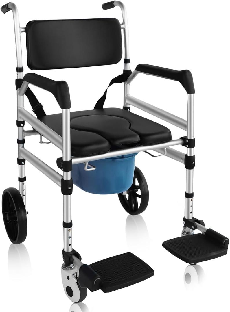 Rolling Shower Chair with Wheels for Elderly and Disabled, Foldable Wheelchair Lightweight Folding, Bedside Commode Chair with Arms for Toilet (Black)