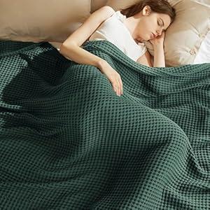 Bedsure 100% Cotton King Size Blanket for Summer, Ultra Soft Waffle Weave King Blanket for Bed, Lightweight Thin Woven Breathable Bedding Gifts for Women, Men, Kids, Dark Green, 108" x 90"