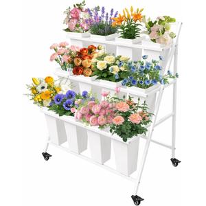 PROLEE Flower Stand with 12 Buckets, Flower Display Stand with Wheels, Flower Cart, Moving Florist Bouquet Shelf, Triangular (White)