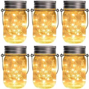 GIGALUMI Hanging Mason Jar Solar Lights, 6 Pack 30 Led Hanging Solar Lanterns Outdoor Waterproof, Hangers and Jars Included, Outdoor Decor for Balcony, Garden, Patio, Yard, Wedding