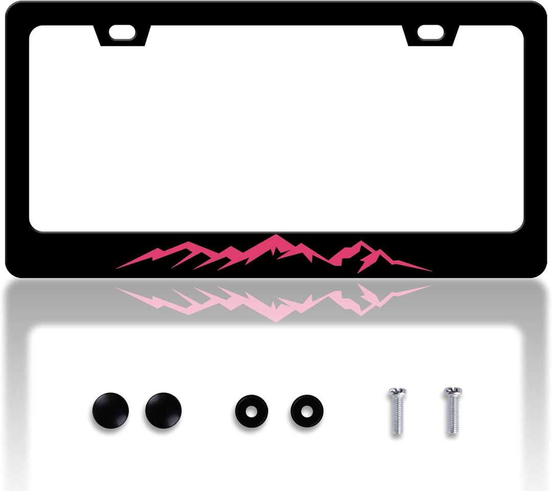 Pink Mountain License Plate Frame Mountains License Plate Holder Personalise Stainless Steel Funny Design Compatible with Standard License Plate Frames for USA and Canada 6 X 12 Inch with Screws