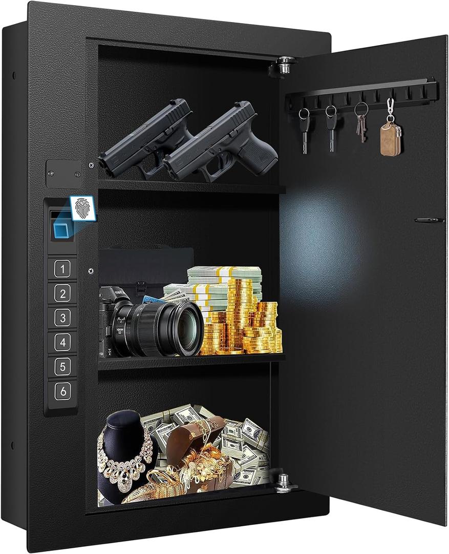 LANGGER V Biometric Wall Safe, Hidden Fingerprint Security Wall Safe, In Wall Safe Between Studs, Upgraded Biometric/Keypad/Key Access, Secure Handgun, Documents, Jewelry, Valuables