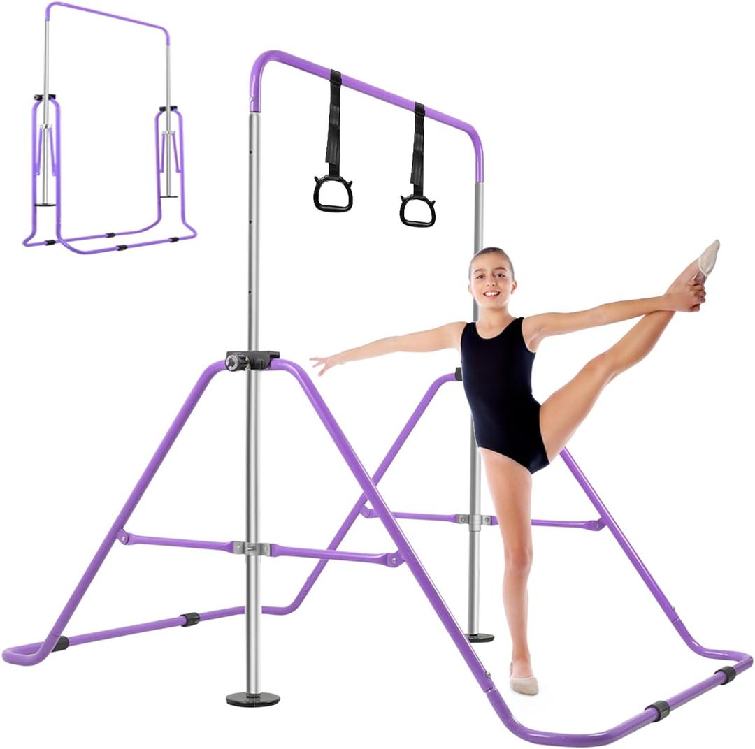 Gymnastics Bar for Home Expandable Adjustable Height Gymnastic Horizontal Bars Folding Junior Training Kip Bar Equipment for Home/Floor/Practice/Gymnastics (PURPLE)