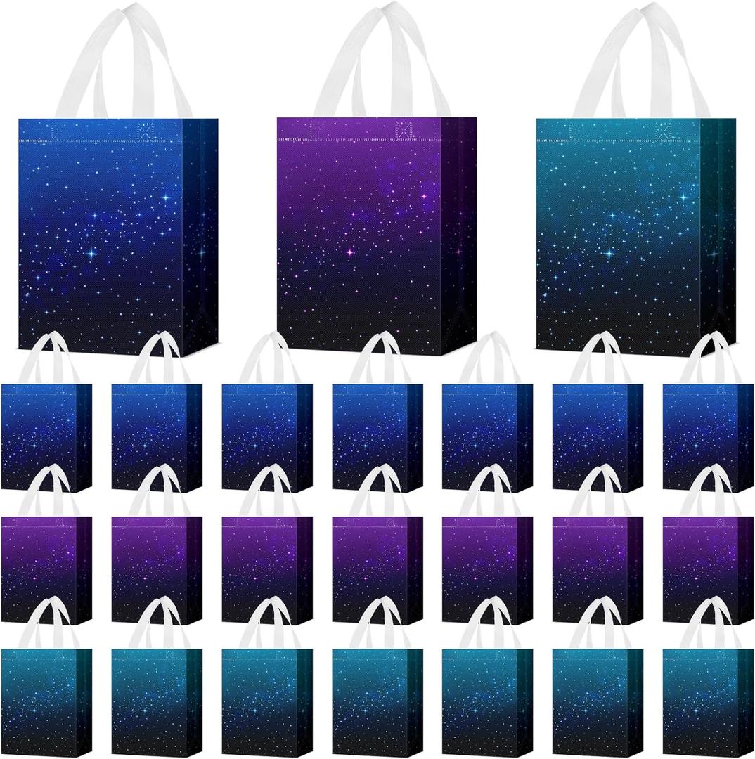 24 Pcs Galaxy Party Favor Bags with Handles Starry Sky Goodie Bag Reusable Non Woven Starry Galaxy Gift Bags Retro Candy Treat Gift Bag for Girl Boy Birthday Baby Shower Party, 8 x 4 x 10 Inch