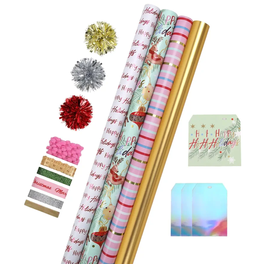 LaRibbons Christmas Wrapping Paper Sets, Classic Reindeer Stripes & Happy Holiday Design with Ribbons & Gift Tags & Metallic Pom Pom for Christmas, Holiday，30Inch × 10Feet（ 4 Rolls: 100 Sq.Ft.Ttl）