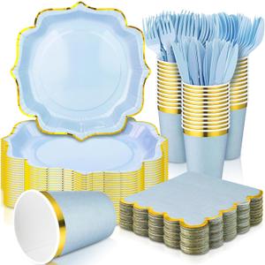 Gejoy 144 Pcs Bridal Shower Decorations Baby Shower Party Supplies Include Disposable Paper Plates Cups and Napkins Sets with Plastic Forks Knives Spoons for Wedding Birthday Party(Light Blue)
