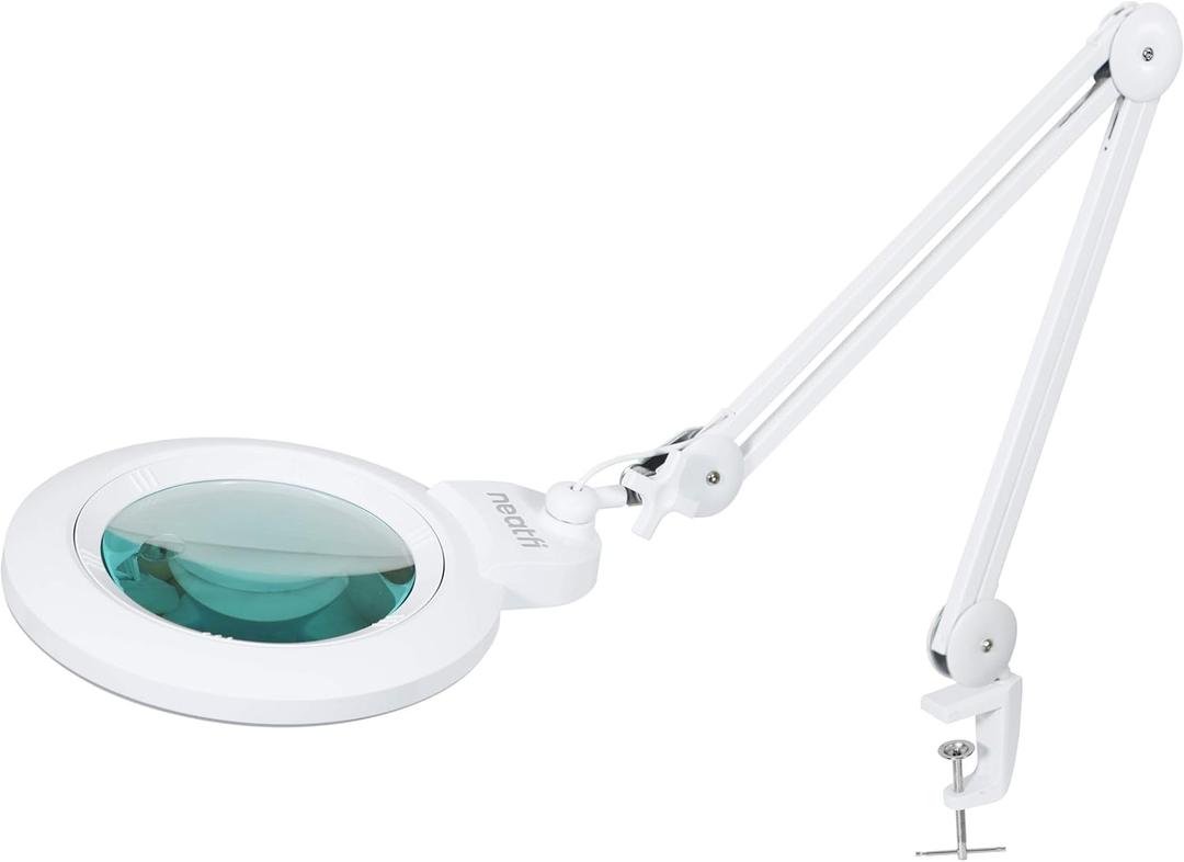 Neatfi XL Bifocal LED Magnifying Lamp, 7-Inch Acrylic Lens, 5D/20D Magnification, Hands-Free, Dimmable, 84 SMD LED, Adjustable Arm for Crafts, Reading, Close Work (White, with Clamp)