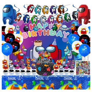 110Pcs A-mong Us Birthday Party Supplies,Video Game Party Decorations with Birthday Banner,Hanging Swirls,Cake Topper,Cupcake Toppers,Balloons,Foil Balloons,Backdrop,Tablecloth,Stickers