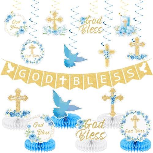10 pcs Blue Baptism Decorations God Bless Banners First Communion Hanging Swirls Honeycomb Religious Christening Table Centerpieces for Shower Gold First Holy Communion Party Supplies Favors