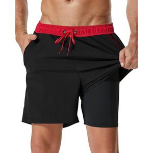 SILKWORLD Mens Swim Trunks with Compression Liner 2 in 1 Quick Dry Bathing Suit Beach Shorts with Zipper Pockets (Black, XXL)