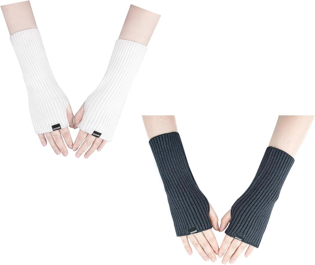 Arm Warmers Women Winter Long Fingerless Gloves Knitted Wrist Warmers with Thumb Hole Arm Sleeve Pack (22cm, A-white+dark Green)