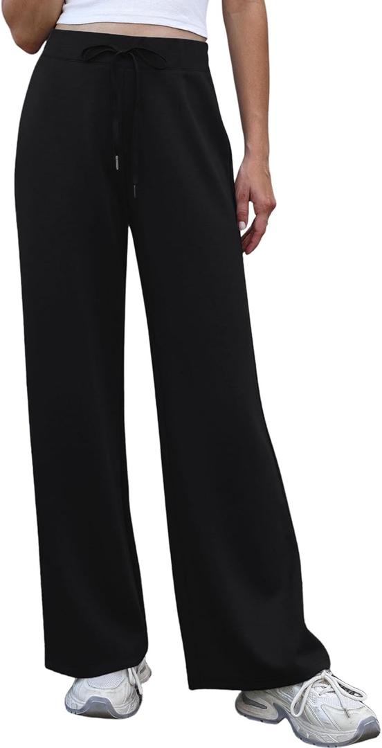 Womens Wide Leg Sweatpants High Waisted Lounge Pants with Drawstring Casual Athletic Yoga Workout Pants No Pockets (Black, L)