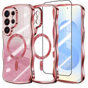 Glitter for Galaxy S26 Ultra Case with Camera Lens Protector,[Screen Protector] Bling Sparkle Protective Magnetic Phone Case for Women Shiny Gradient Cover for Galaxy S26 Ultra Pink