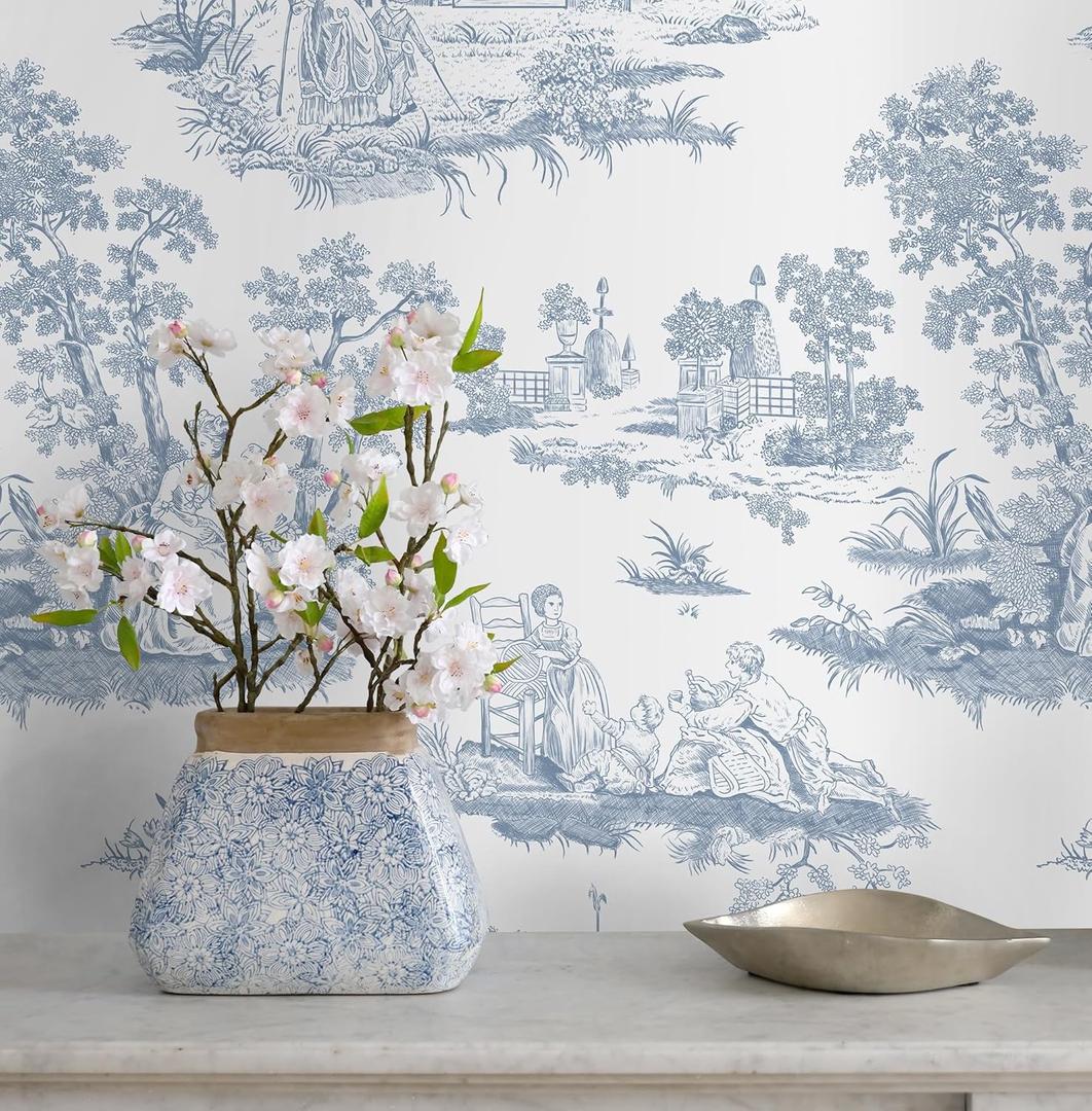 Hopepak 17.3''x197'' Toile Peel and Stick Wallpaper for Bedroom Bathroom White and Blue Wall Paper Self Adhesive Removable French Contact Paper Decoral Cabinets