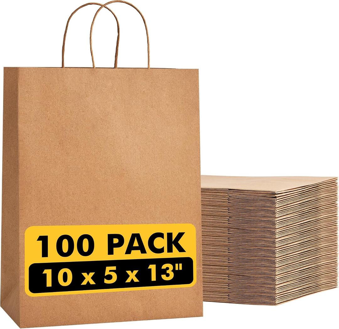 RACETOP 100 Pcs Kraft Shopping Bags 10x5x13 Inch Brown Paper Bags with Handles Bulk, Recycled Paper Gift Bag for Birthday Party Favors Grocery Retail Shopping Business