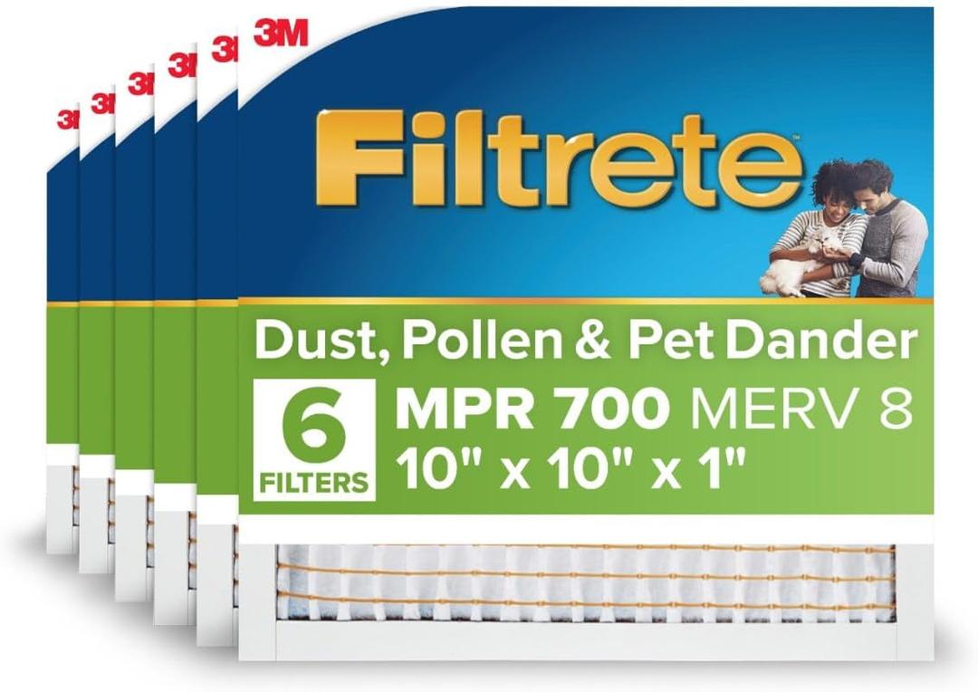 Filtrete 10x10x1 AC Furnace Air Filter, MPR 700, MERV 8, Tough on Pollen, Easy on Airflow, 3-Month Pleated 1-Inch Electrostatic Air Cleaning Filter, 6-Pack (Actual Size 9.81 x 9.81 x 0.81 in)