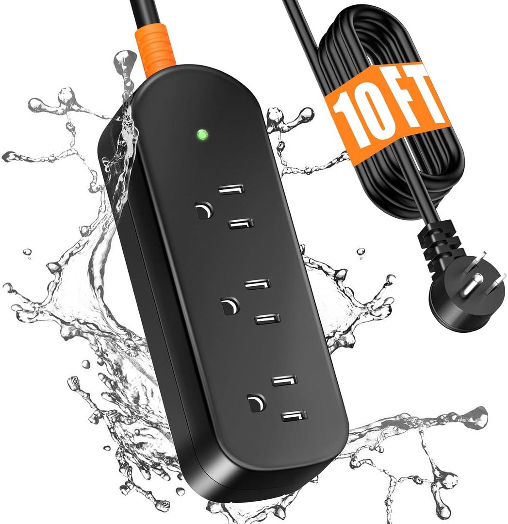 Outdoor Power Strip Weatherproof, 10FT Outdoor Extension Cord, IPX6 Waterproof Surge Protector with 3 Wide Outlets, Shockproof Overload Protection for Camping, Garden, Industrial, Home Power Strip