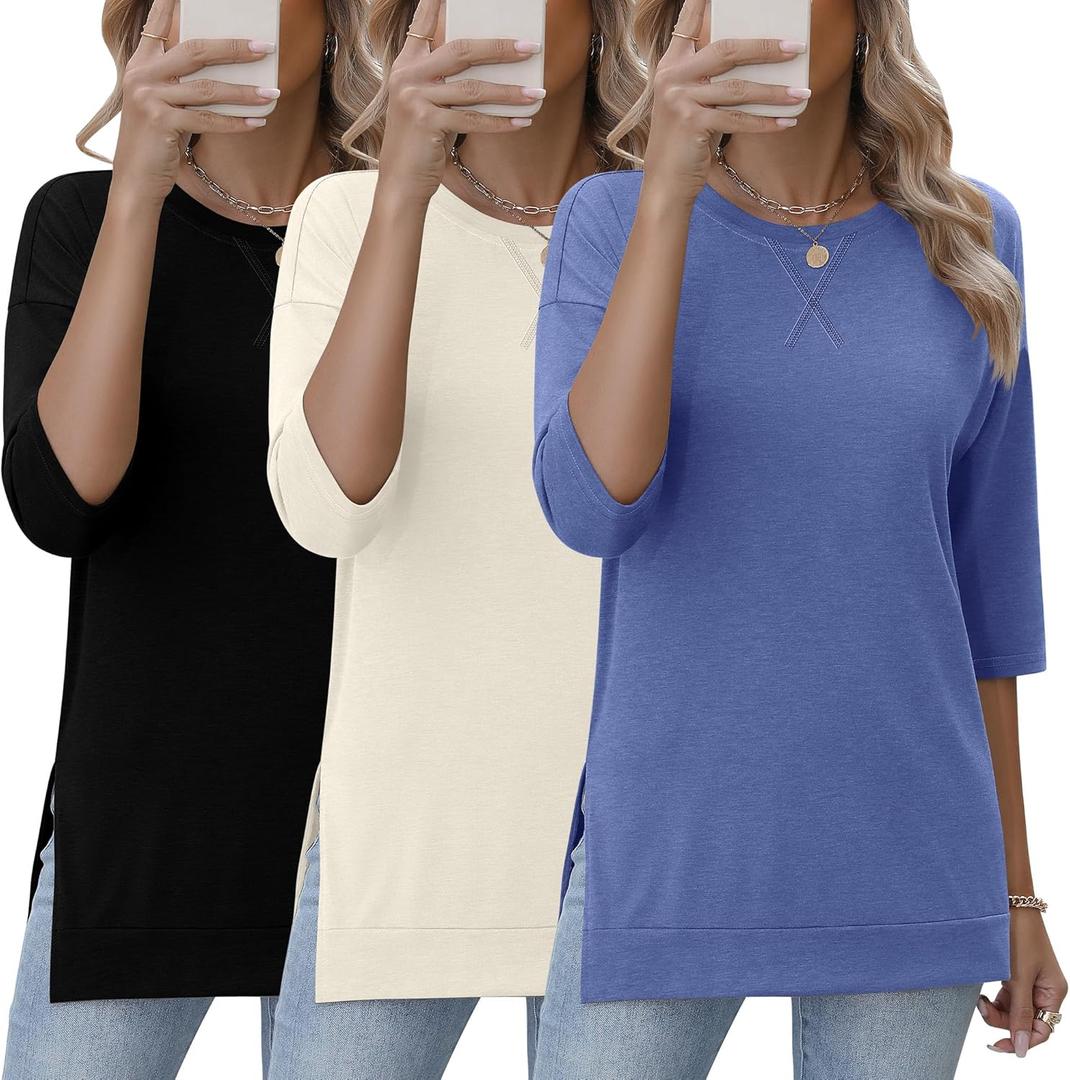 Huukeay 3 Pack 3/4 Length Sleeve Women's Tops Side Slit Tunic Loose Fit Round Neck Tee Shirt Ladies Casual Basic Fall Clothes (X-Large, Black, Cream, Blue)
