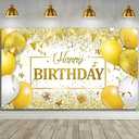 Tatuo Happy Birthday Decorations Backdrop Banner, Glitter Birthday Backdrop Sign Poster Party Supplies Photo Background for Men Women, 72.8 x 43.3 Inch(White and Gold)