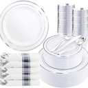 WDF Partyware 350Piece Silver Plastic Dinnerware Set for 50 Guests - Silver Plastic Plates with Cutlery Include:50Dinner Plates-50Dessert Plates-50Pre Rolled Napkins with Silverware Party Wedding