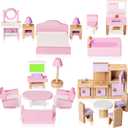 Wooden Dollhouse Furniture Set, 22 Pcs Miniature Dollhouse Accessories Including 5 Room Kits, Little People House Furniture, Doll House Furniture Toys Gift for Girls Boys Age 3+