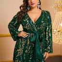 Women's Plus Sized Long-Sleeved Sequined Dress V-Neck Design high Slit Oversized Skirt Formal Ball Gown Party Evening Dress (Green, XXXL)