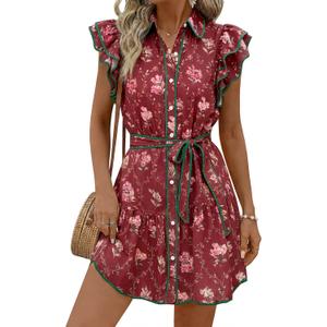 Wenrine Womens Summer Button Down Shirt Dress Casual Collar V Neck Floral Ruffle Sleeve Boho Beach Vacation Mini Dresses (Large, Burgundy)