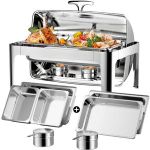 Roll Top Chafing Dishes for Buffet: Rectangular Catering Food Warmer for Parties Birthday Wedding Family Gathering with 1 Full Size & 2 Half-Size Buffet Server Dish& 14QT Water Pan (Stainless Steel)