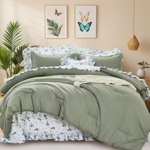 WONGS BEDDING Comforter Set Full, 8 Pieces Farmhouse Bed in a Bag Full, Bedding Set Full Size with Sage Green Comforter, Ruffle Floral Pillowcases & Flat Sheet, Floral Fitted Sheet