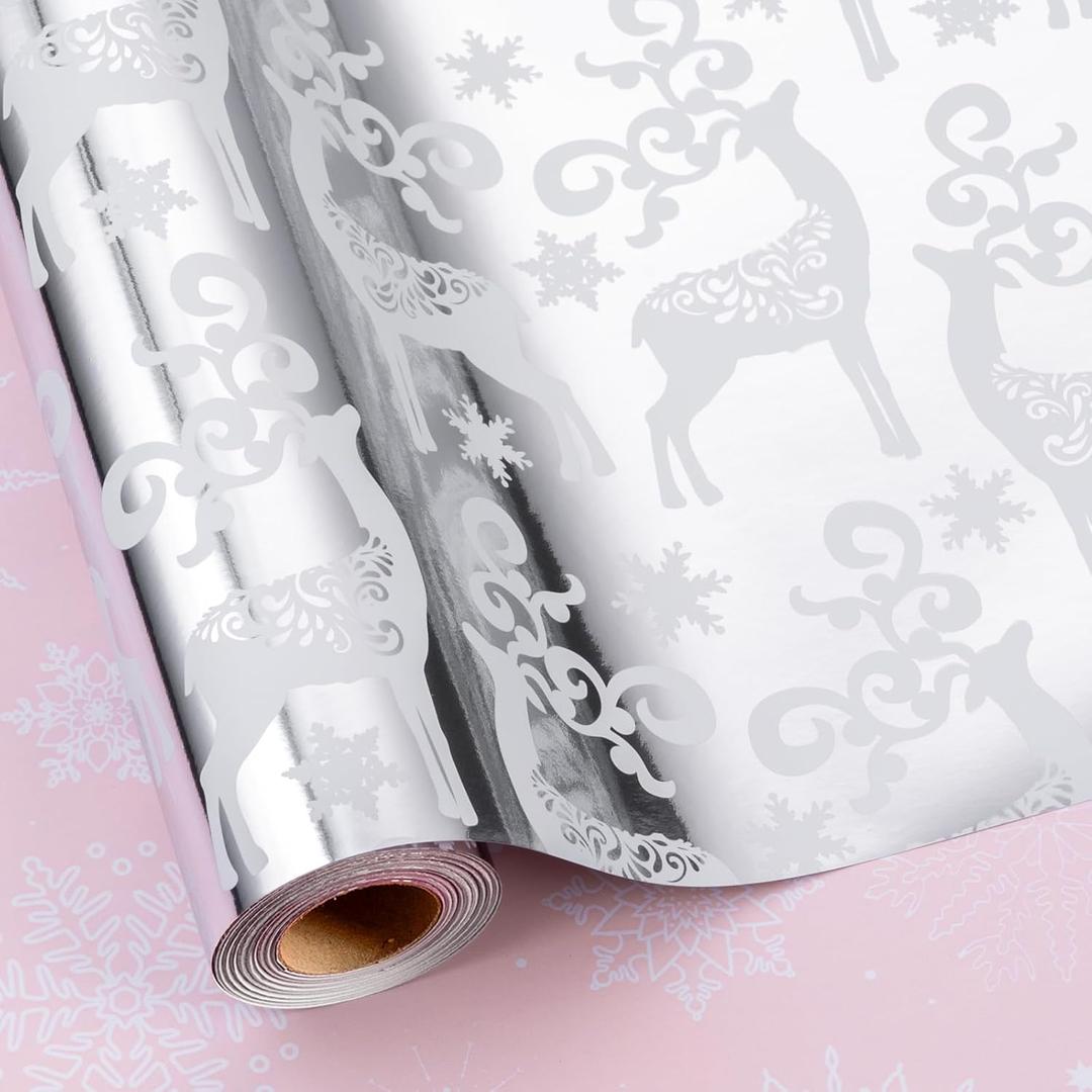 MAYPLUSS Christmas Wrapping Paper Roll - 17IN X 33FT - Santa Claus Gift Wrapping Paper Featuring Merry Christmas Snowflake Reversible HO for Kids, Holiday, New Year