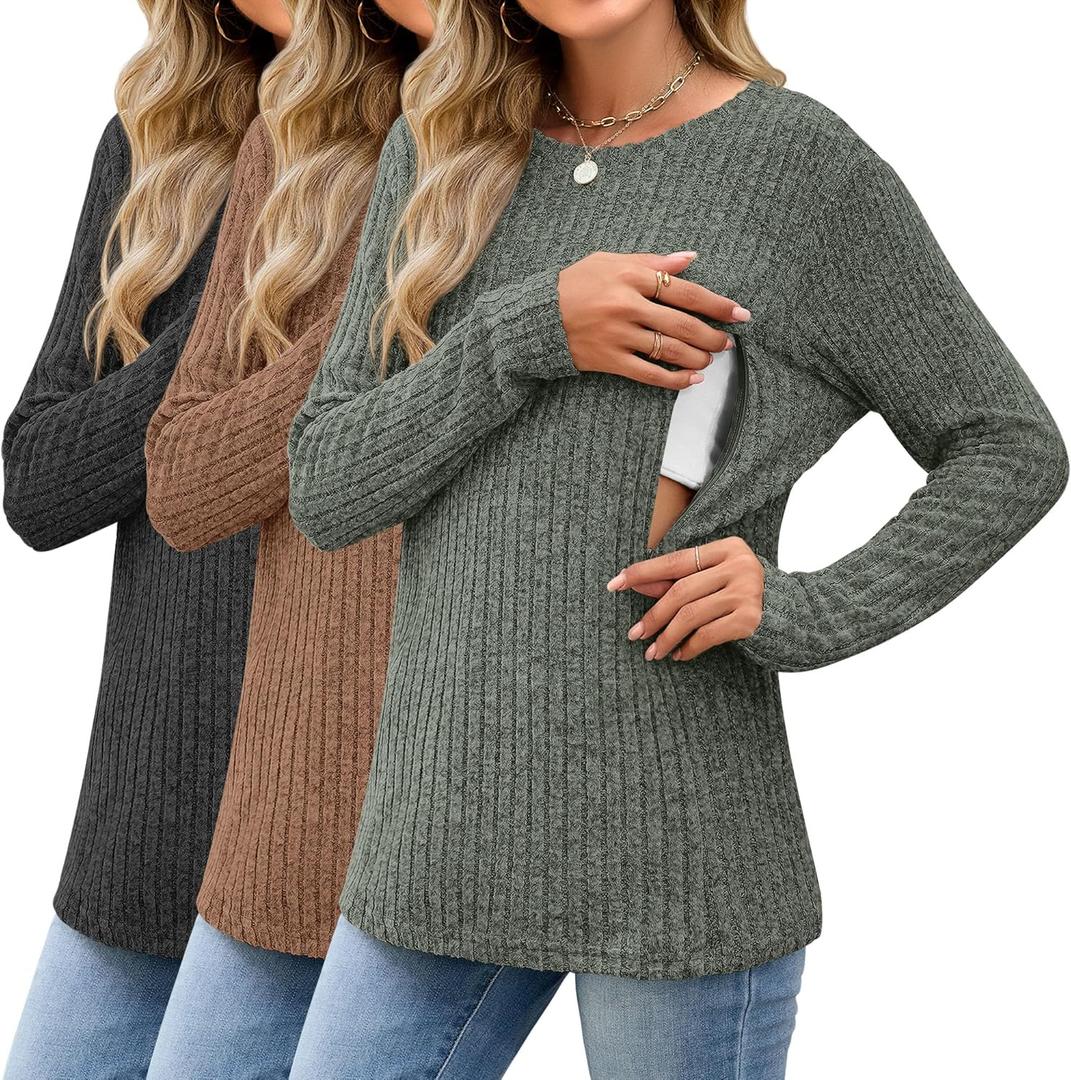 3 Pack Women's Nursing Tops Breastfeeding Shirts Long Sleeve Maternity Ribbed Sweaters with Hidden Zipper (Black, Coffee, Army Green), Medium