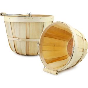Cornucopia Brands Round Wooden Baskets (2-Pack, Natural); Wood Fruit Buckets w/Handle, 4-Quart Capacity; 6.1 Inch Tall by 8 Inch Diameter