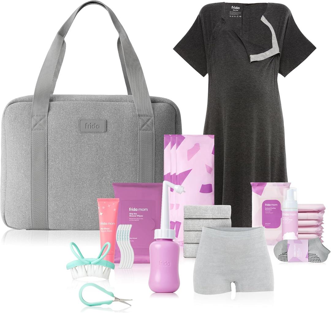 Frida Mom 30pc Pre-Packed Hospital & Diaper Bag Essentials Gift Set, Includes Labor, Postpartum, & Newborn Grooming Kit in One, Easy to Organize with Removable Toiletry Bags, & Suitcase Strap