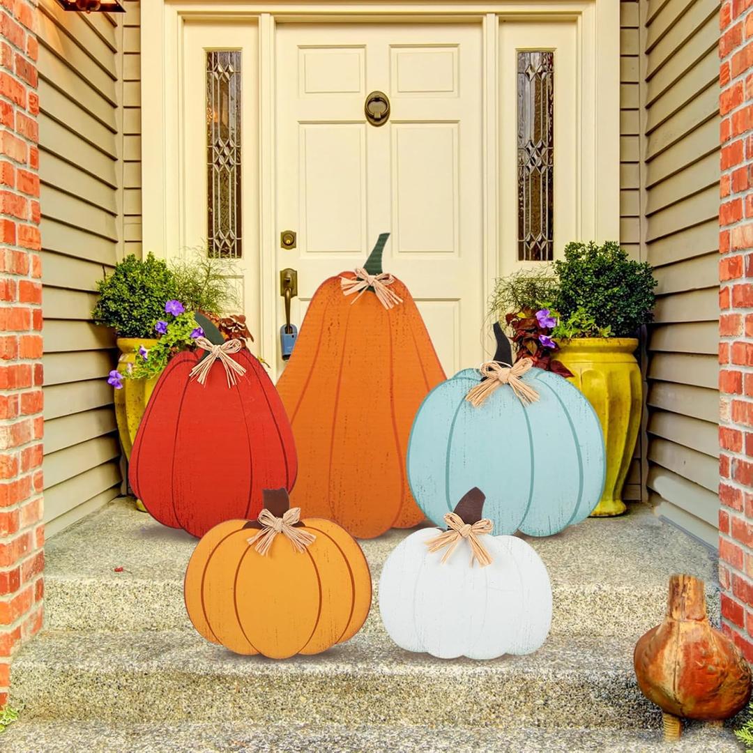 5 Pcs Outdoor Pumpkins for Porch Fall Thanksgiving Decor Rustic Wooden Stack Pumpkin Porch Standing Decorations Vintage Fall Decor Pumpkin Sign for Autumn Front Door Lawn Garden Yard Patio