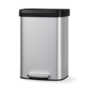 Garvee 13 gal / 50 L Stainless Steel Trash Can with Lid, Large Garbage Can for Kitchen, Rustproof Step-on Kitchen Metal Trash Bin with Liner Rim, Rear Handle, Soft Close Plastic Lid, Silver
