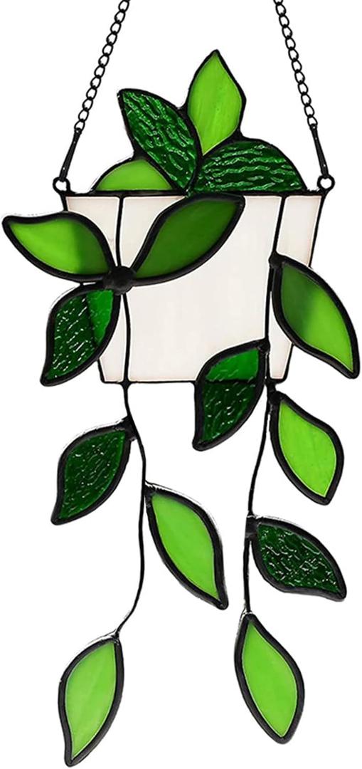 Stained Glass Window Hanging Green Plant Window Suncatcher Handcrafted Green Faux Plant Window Wall Glass Panel Decor for Plant Lovers, Unique Home Indoor& Outdoor Decor