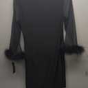R&M Richards Women's Elegant Feather Trim Wrap Mini Dress W/Illusion Long Sleeves, Ruched Waist & Rhinestone Brooch Black, Size 4P