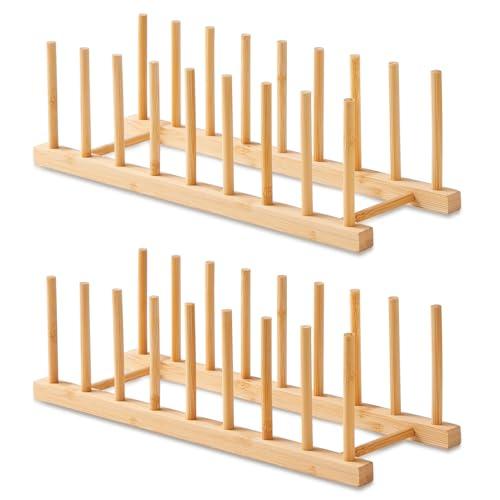 NOVAYEAH 2 Pack Bamboo Wooden Dish Rack-Plate Pot Lid Cutting Board Organizer Holder Rack for Cabinet-Kitchen Cabinet Organizer for Dish, Pots, Lids, Bowls, Bottles, Books, and Puzzle