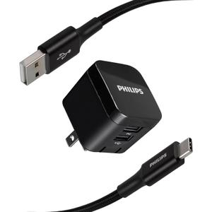 Philips USB Wall Charging Kit, 12W USB A Charger Block with 6ft USB A to USB C Braided Cord, Dual Port USB A Cube for iPhone 16 Series, 15 Series, iPad Pro, Foldable Plug Charging Box, DLP6212C/37