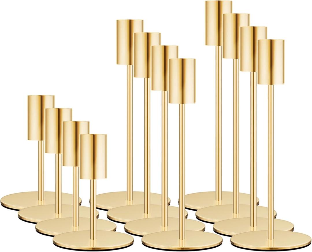 Set of 12 French Gold Taper Candle Holders Bulk Candlestick Holders, Decor Candle Stick Candle Holder for Table or Mantel Centerpiece, Wedding, Dinning, Party Home Decor