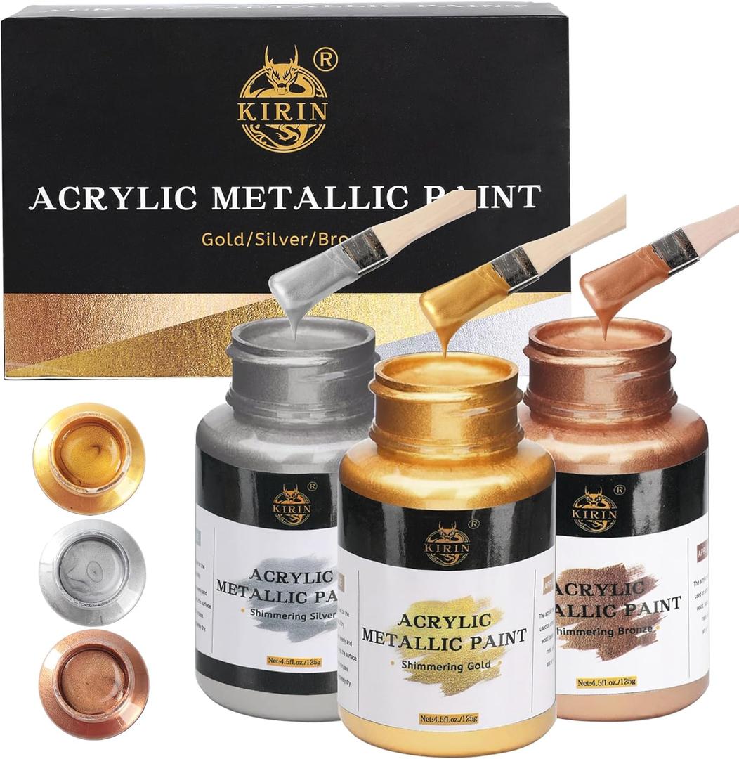 KIRIN Acrylic Paint Set, Metallic Gold & Silver & Bronze, Gold Leaf Paint for Art Painting Handcrafts, Idea Paints for Fabric Furniture Wood Clay Canvas Craft Supplies (3Pcs, 125g/Bottle)