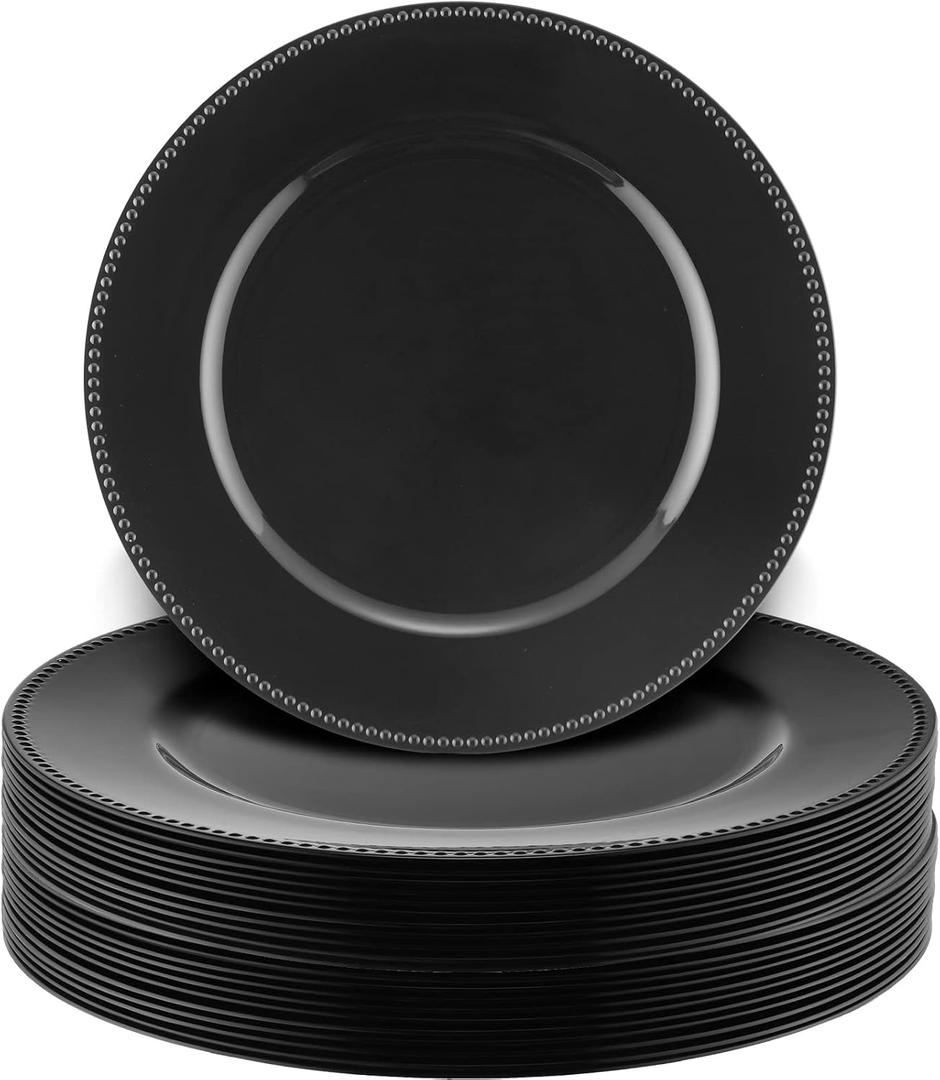 Didaey 24 Pack Metallic Charger Plates 13inch Round Elegant Serving Plates Plastic Disposable Chargers Bulk Dinnerware Set for Dinner Wedding Party Events Catering Decoration(Black,Beaded Rim)
