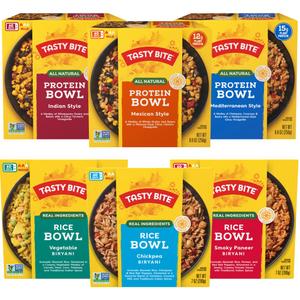 Tasty Bite Bowls Variety, Pack of 6, Mexican Protein, Mediterranean Protein, Indian Protein, Chickpea Biryani, Smoky Paneer Biryani, Vegetable Biryani. February/28/2026